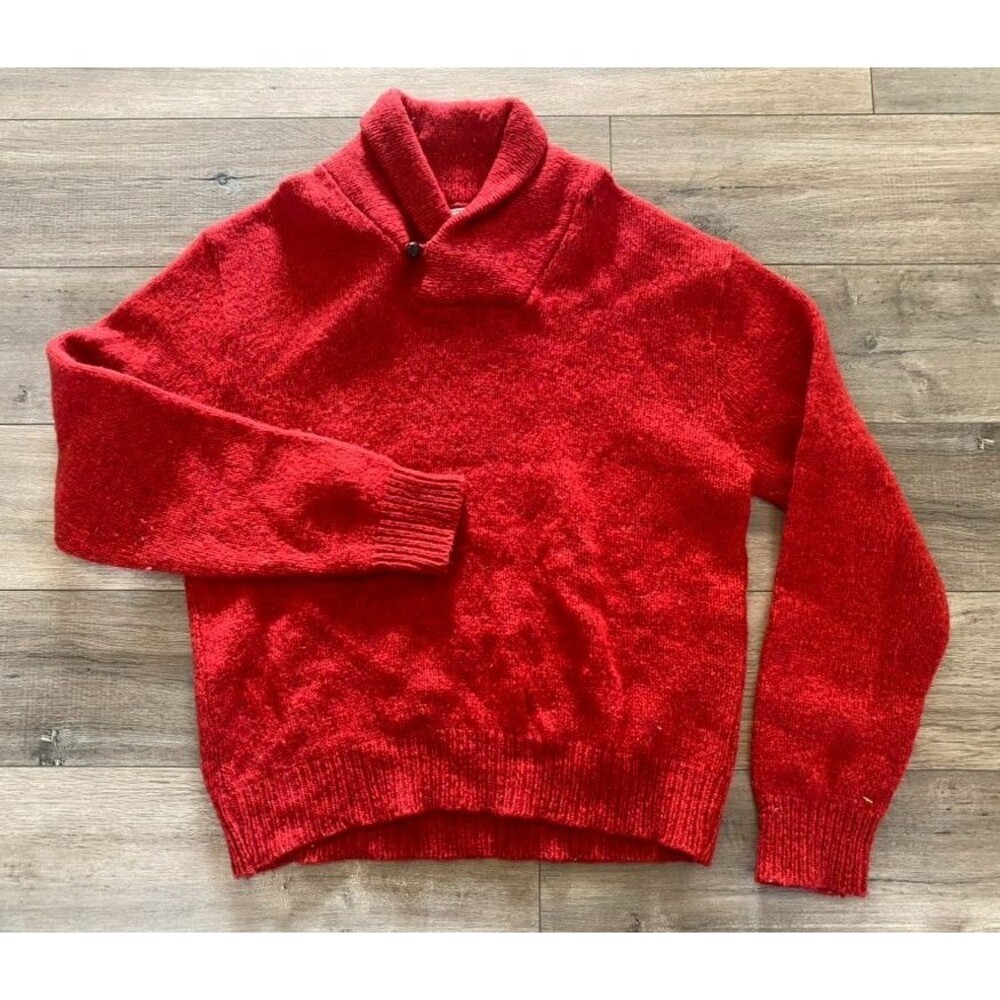Vintage LL Bean Mens M Wool Chunky Cowl Neck Fisherman Sweater RED USA 80s - Picture 1 of 9